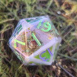'Pixie Wishes' Pastel Purple Green Mylar Sharp Edge Handmade Resin 30mm D20 Polyhedral Gaming Dice Chonk
