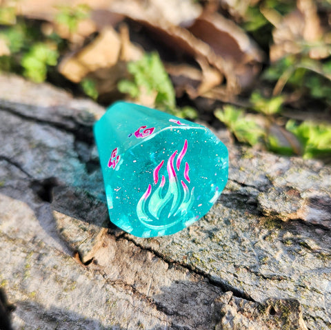 'Fire Bolt' Unique Shape Handmade Resin Shimmery Teal Pink TTRPG Polyhedral Gaming Dice D10