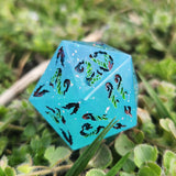 ‘Residual Magics’ Opalescent Flake Blue Green Purple Handmade Resin Fae Fire 30mm D20 Polyhedral Gaming Dice Chonk