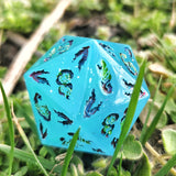 ‘Residual Magics’ Opalescent Flake Blue Green Purple Handmade Resin Fae Fire 30mm D20 Polyhedral Gaming Dice Chonk