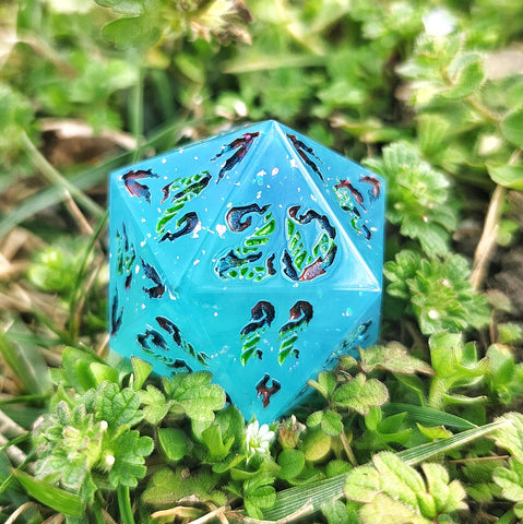 ‘Residual Magics’ Opalescent Flake Blue Green Purple Handmade Resin Fae Fire 30mm D20 Polyhedral Gaming Dice Chonk