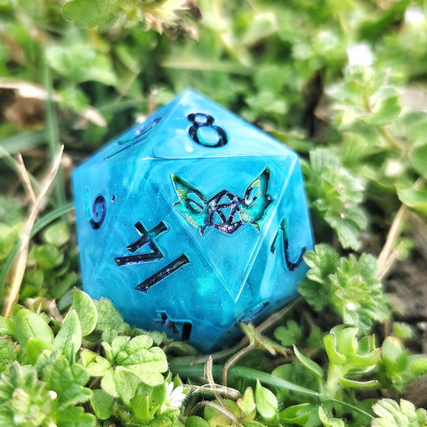 ‘Maelstrom’ Glow in the Dark Handmade Resin Blue White 30mm D20 Polyhedral Gaming Dice Chonk