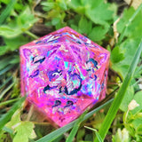 ‘Fashionably Feral’ Rainbow Mylar Pink Handmade Resin Fairy Fire 30MM D20 Polyhedral Gaming Dice Chonk