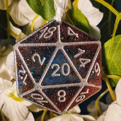 Glow in the Dark Handmade Resin D20 Galaxy Shimmer Polyhedral Gaming Dice TTRPG Ornament