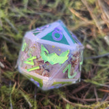 'Pixie Wishes' Pastel Purple Green Mylar Sharp Edge Handmade Resin 30mm D20 Polyhedral Gaming Dice Chonk
