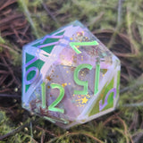 'Pixie Wishes' Pastel Purple Green Mylar Sharp Edge Handmade Resin 30mm D20 Polyhedral Gaming Dice Chonk