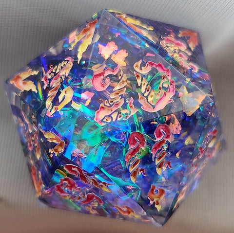 'A Glimpse of Glamour' Handmade Resin Rainbow Mylar Handpainted Fantasy TTRPG 30MM Polyhedral Gaming Dice D20 Chonk