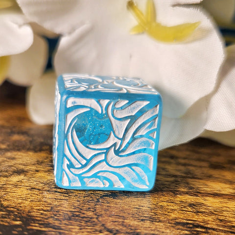 'Making Waves' Light Blue Handpainted Handmade Resin Pipped Oversized D6 Polyhedral Gaming Dice