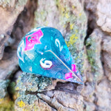 'Beyond the Grave' Radioactive Handmade Resin Shimmery Teal Pink Swirl Handpainted Alternative Shaped D6 Polyhedral Gaming Dice