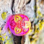 'Beyond the Grave' Shimmery Purple & Pink Handmade Resin Yellow & Pink Handpainted Alternative Shaped D6 Polyhedral Gaming Dice