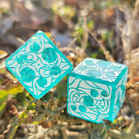 'Making Waves' Teal Green-Blue Handpainted Handmade Resin Pipped Oversized D6 Polyhedral Gaming Dice