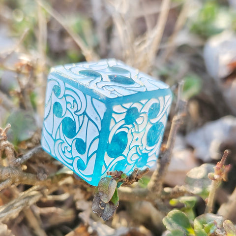 'Making Waves' Shimmery Blue w/ Fire Opal Colorshifting Flakes Handmade Resin Pipped D6 Gaming Dice