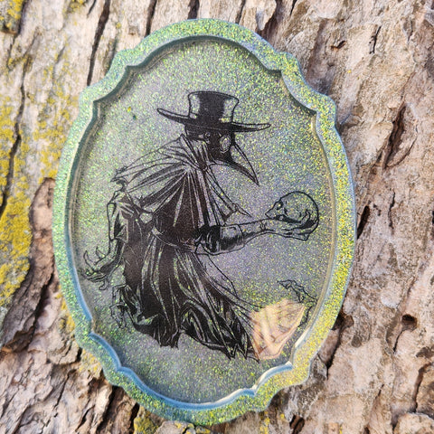 ‘The Doctor Is In’ Plague Doctor Handmade Resin Green Glittery Colorshifting Cameo Style Shaped Decorative Dice Rolling Tray
