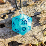 Blue White Glow in the Dark Shimmery Handmade Resin Half D20 TTRPG Polyhedral Gaming Dice Pendant Necklace