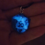 Blue White Glow in the Dark Shimmery Handmade Resin Half D20 TTRPG Polyhedral Gaming Dice Pendant Necklace