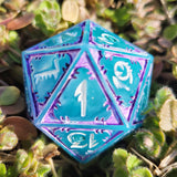 'Eldritch Empress' Handmade Resin Shimmery Teal Purple Glow in the Dark Handpainted TTRPG Mimic Inspired 30MM Polyhedral Gaming Dice D20 Chonk