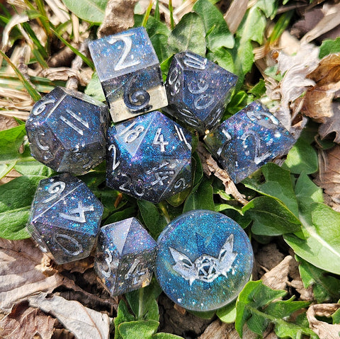 'Nebulae' 8-Piece Handmade Resin Blue Purple Colorshifting Silver Galaxy Polyhedral Gaming Dice Set