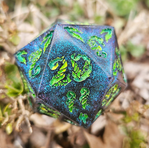 'Bejeweled Wings' Variant Handmade Resin Shimmery Colorshifting Blue Purple Handpainted Fantasy TTRPG 30MM Polyhedral Gaming Dice D20 Chonk