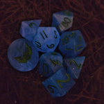 'Siren Infested Seas' Glow in the Dark Blue Purple Teal Handmade Resin TTRPG 8-Piece Polyhedral Gaming Dice Set