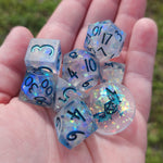 'Moon Kissed’ Variant Handmade Resin Rainbow Mylar TTRPG Frosted 8-Piece Polyhedral Gaming Dice Set