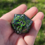 'Bejeweled Wings' Variant Handmade Resin Shimmery Colorshifting Flakes Blue Green Handpainted Fantasy TTRPG 30MM Polyhedral Gaming Dice D20 Chonk