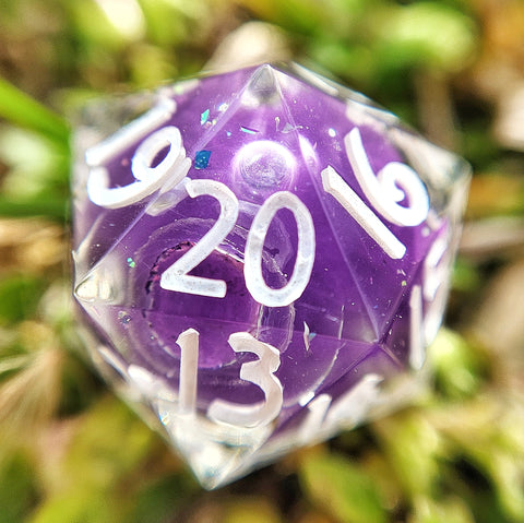 'Hexus' Purple Shimmer Liquid Core Handmade Resin TTRPG Polyhedral Gaming SPINDOWN Dice D20
