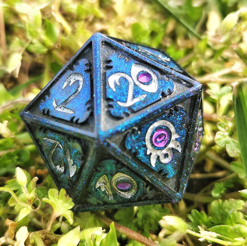 'Unexpected Alignment' Handmade Resin Shimmery Teal Green Blue Handpainted TTRPG Mimic Inspired 30MM Polyhedral Gaming Dice D20 Chonk