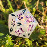 'Wings of the Winter Court' Glow in the Dark Frosted Handmade Resin Rainbow Mylar TTRPG 30MM Polyhedral Gaming Dice D20 Chonk