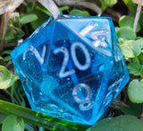 Purified Handmade Resin OOAK Sharp Edge Shimmery Translucent Blue Individual TTRPG D20 Polyhedral Gaming Dice