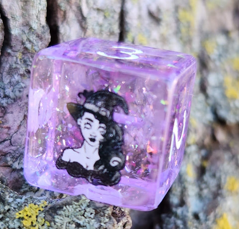 Silent Movie Pinup Witch Purple Opalescent Handmade Resin D6 Gaming Dice