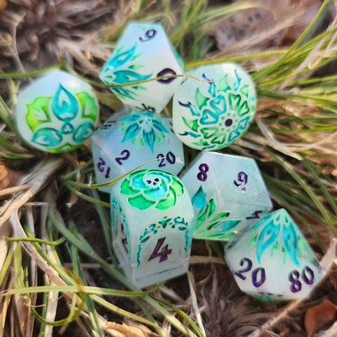 'Will-o-Wisp' Glow in the Dark Toxic Spring Handmade Resin Alternative Dice Shapes Polyhedral Gaming Dice Set