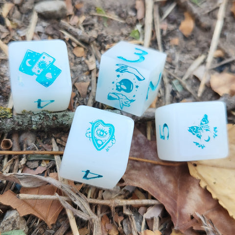 'Witchy Acquisitions' Glow in the Dark Handmade Resin Halloween Themed TTRPG Individual D6 Gaming Dice