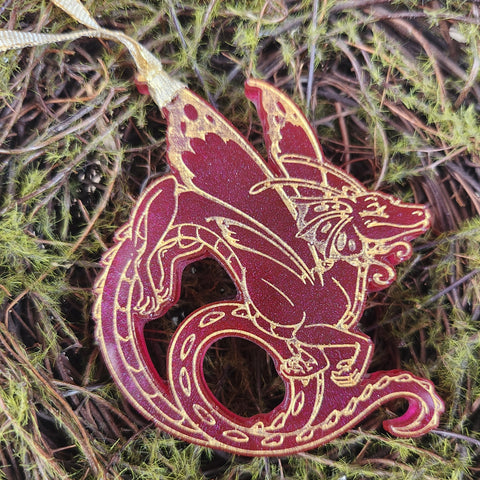 'Fairy Dragon' Shimmery Red Gold Handmade Resin Handpainted Ornament