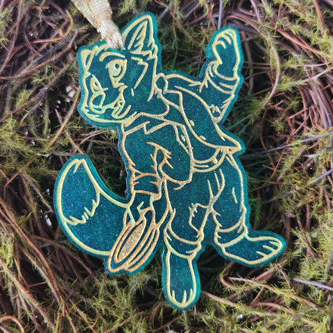 'Fancy Li'l Fox' Shimmery Green Gold Handmade Resin Handpainted Ornament