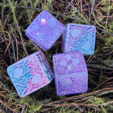 'Glowing Waves' Glow in the Dark Opal Flake Accented Shimmery Handmade Resin Pipped D6 TTRPG Gaming Dice