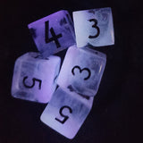 'A Campaign Conclusion' Individual Glow in the Dark White Swirl Shimmery Handmade D6 Gaming Dice