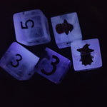 'A Campaign Conclusion' Individual Glow in the Dark White Swirl Shimmery Handmade D6 Gaming Dice