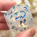 'Frostbite' Glow in the Dark Frosted Handmade Resin Rainbow Mylar TTRPG 30MM Polyhedral Gaming Dice D20 Chonk