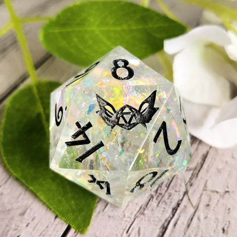 'Unicorn Tears' Handmade Resin Rainbow Mylar Colorshifting 30mm Chonky Boi D20 TTRPG Gaming Dice