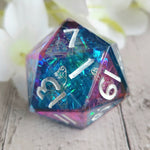 'Silver Moon Moth Glass’ Handmade 30mm D20 Resin Stained Glass Style Polyhedral Gaming TTRPG Dice