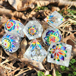 'Wrath of the Rainbow' Handmade Resin Colorshifting Flakes Toxic Spring Style Skull Polyhedral OOAK Dice Set