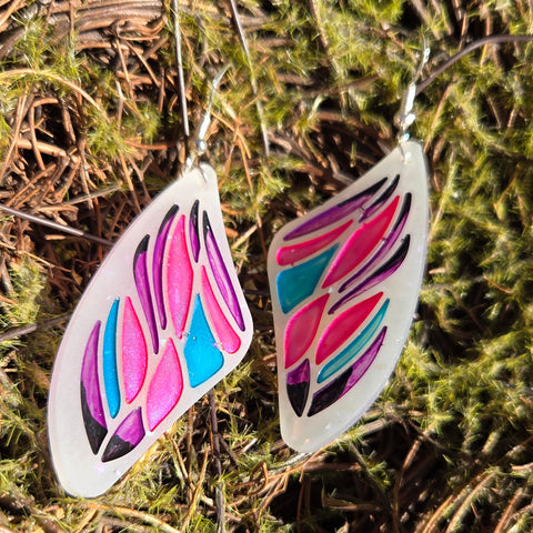 'Bejeweled Wings' Glow in the Dark Sterling Silver Handmade Resin Handpainted Dangle Earrings
