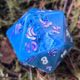 'Petals in the Water' Handpainted Blue White Handmade Resin TTRPG 30mm Polyhedral Gaming Dice D20 Chonk OOAK
