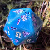 'Petals in the Water' Handpainted Blue White Handmade Resin TTRPG 30mm Polyhedral Gaming Dice D20 Chonk OOAK