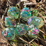 'Ready for Spring' Toxic Spring Handmade Resin Dried Flowers Glow in the Dark Alternative Dice Shapes Polyhedral Gaming Dice Set