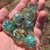 'Ready for Spring' Toxic Spring Handmade Resin Dried Flowers Glow in the Dark Alternative Dice Shapes Polyhedral Gaming Dice Set