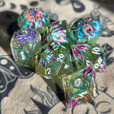 'Ready for Spring' Toxic Spring Handmade Resin Dried Flowers Glow in the Dark Alternative Dice Shapes Polyhedral Gaming Dice Set