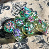 'Ready for Spring' Toxic Spring Handmade Resin Dried Flowers Glow in the Dark Alternative Dice Shapes Polyhedral Gaming Dice Set