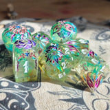 'Ready for Spring' Toxic Spring Handmade Resin Dried Flowers Glow in the Dark Alternative Dice Shapes Polyhedral Gaming Dice Set