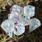 'Violet Nights' Toxic Spring Handmade Resin Rainbow Shimmer Glow in the Dark Alternative Dice Shapes Polyhedral Gaming Dice Set